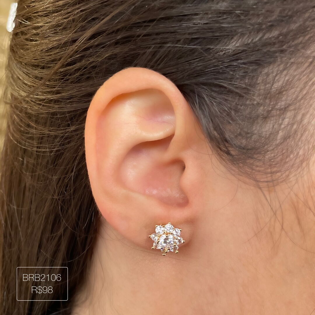 Brinco Flower Cristal Galeria Cravejada Cristal Dourado